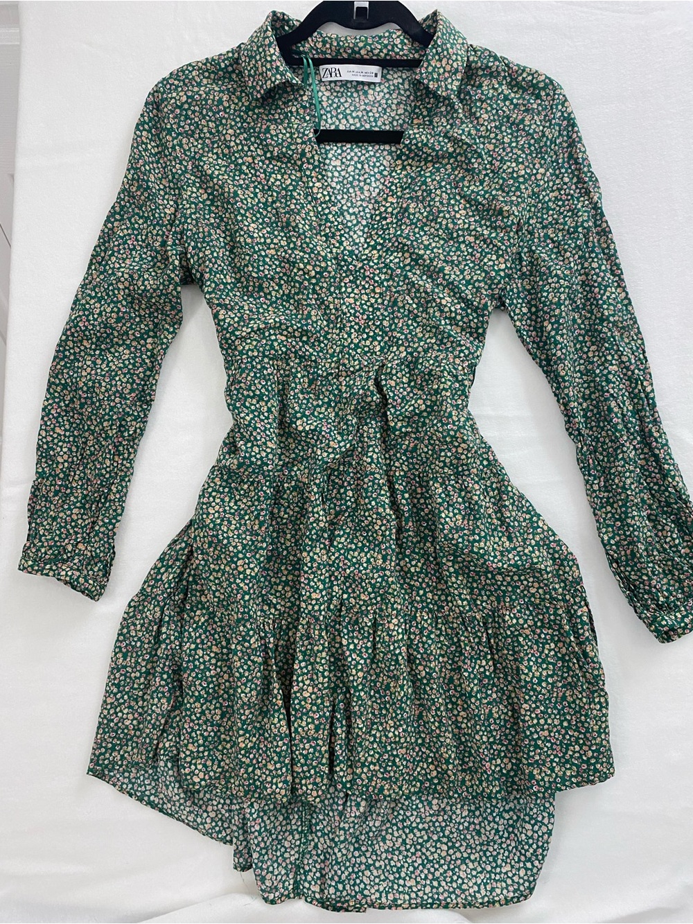 Zara Green Floral Tiered Wrap-Style Long Sleeve Dress